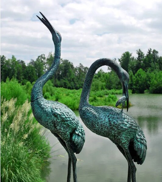 Sculpturess Cranes Water Features Bronze Statues Set Asian Symbolize peace